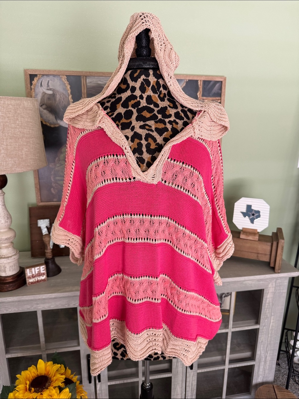 Bibi Pink and Beige Crochet Hooded Poncho Sz M